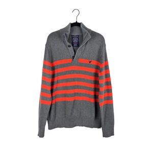 American Eagle Mens Gray Orange Striped XL Quarter Zip Button Sweater Preppy Y2K